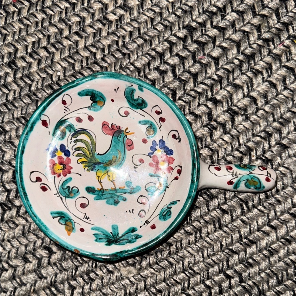 Vintage Hand Painted Italy Art Pottery Ceramic Rooster Handle Dish T30